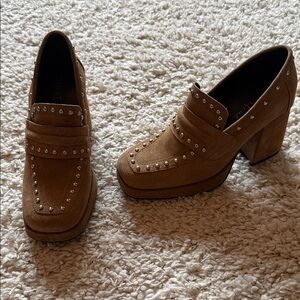 Studded Tan Block Heel Loafers